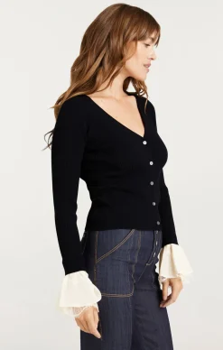 Cinq à Sept Bernadette Prestyled Ribbed Cardigan Black/Ivory Sale