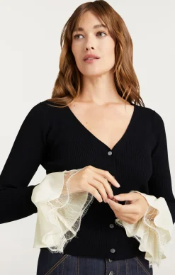 Cinq à Sept Bernadette Prestyled Ribbed Cardigan Black/Ivory Sale