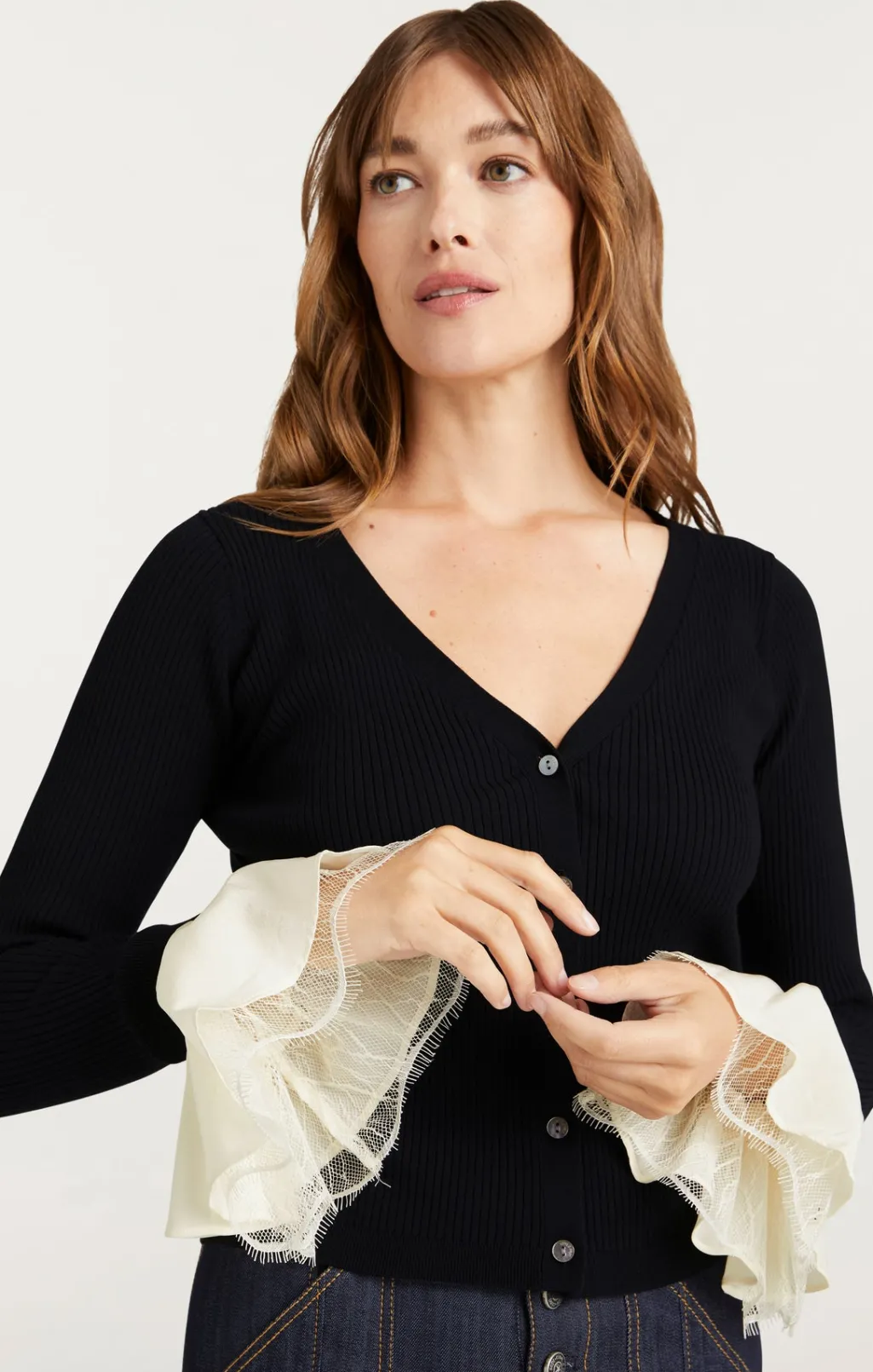 Cinq à Sept Bernadette Prestyled Ribbed Cardigan Black/Ivory Sale