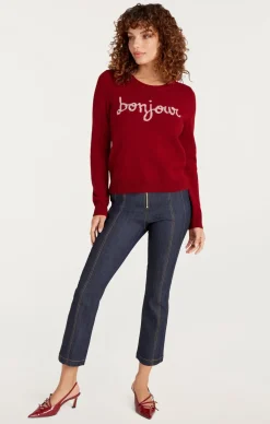 Cinq à Sept Bonjour Graphic Crewneck Sweater Rosewood/ivory Discount