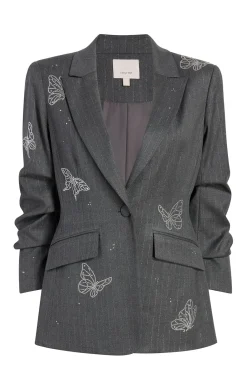 Cinq à Sept Butterflies Embroidered Joan Blazer LurexPinstripePinstripeCharcoal New