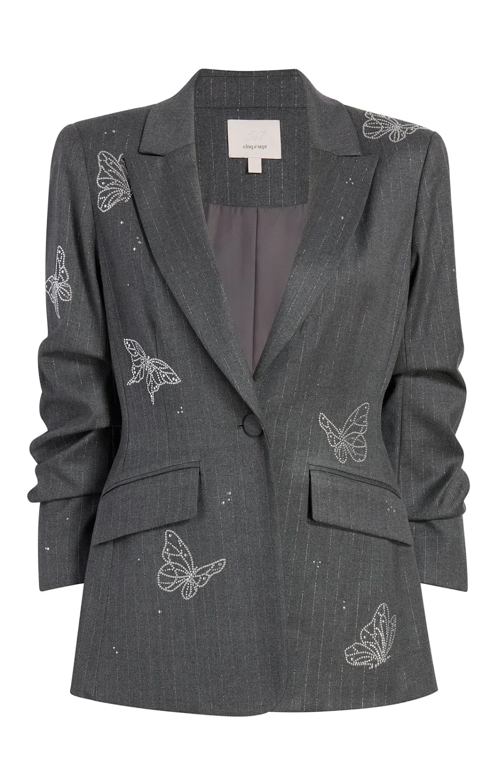 Cinq à Sept Butterflies Embroidered Joan Blazer LurexPinstripePinstripeCharcoal New