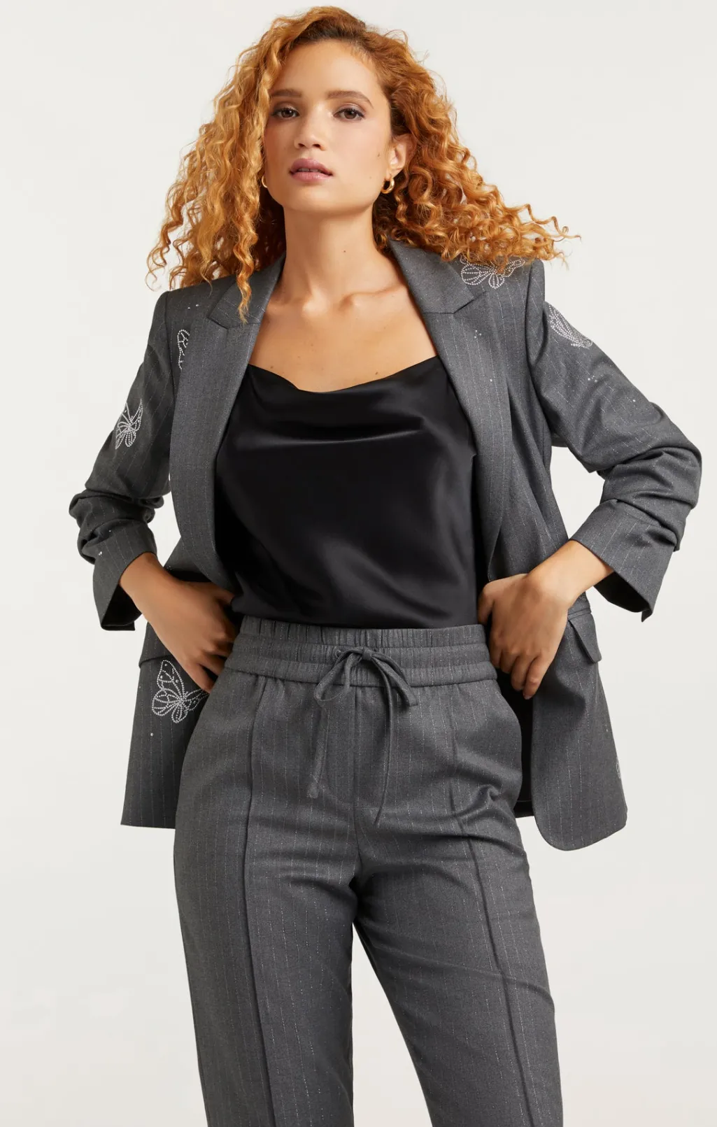Cinq à Sept Butterflies Embroidered Joan Blazer LurexPinstripePinstripeCharcoal New