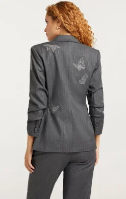 Cinq à Sept Butterflies Embroidered Joan Blazer LurexPinstripePinstripeCharcoal New