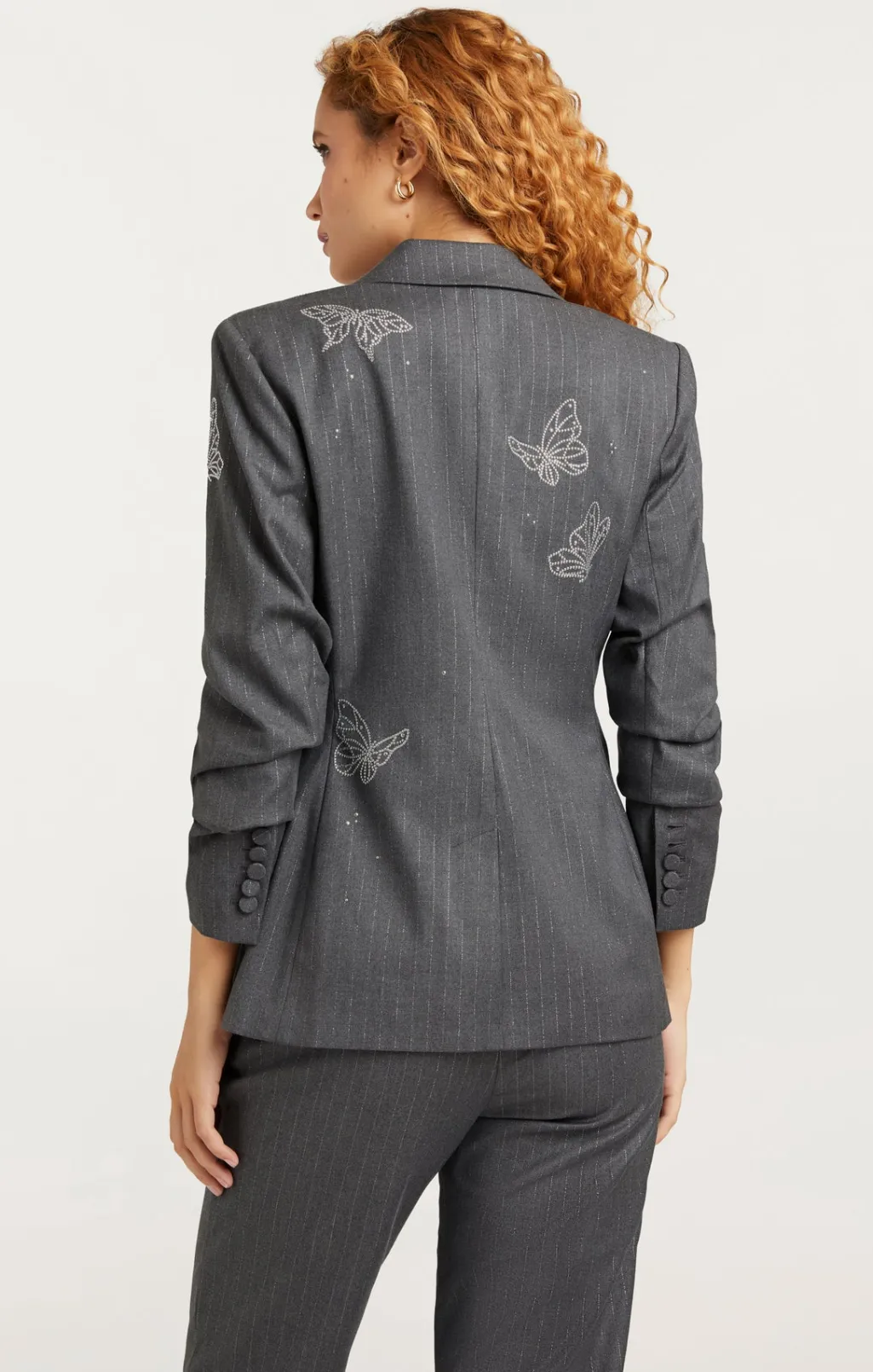 Cinq à Sept Butterflies Embroidered Joan Blazer LurexPinstripePinstripeCharcoal New