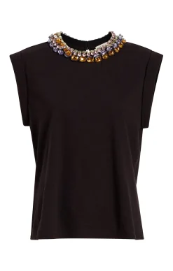 Cinq à Sept Chunky Rhinestone Embellished Tee Black New