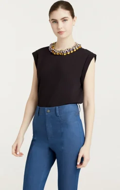 Cinq à Sept Chunky Rhinestone Embellished Tee Black New
