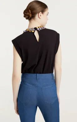 Cinq à Sept Chunky Rhinestone Embellished Tee Black New
