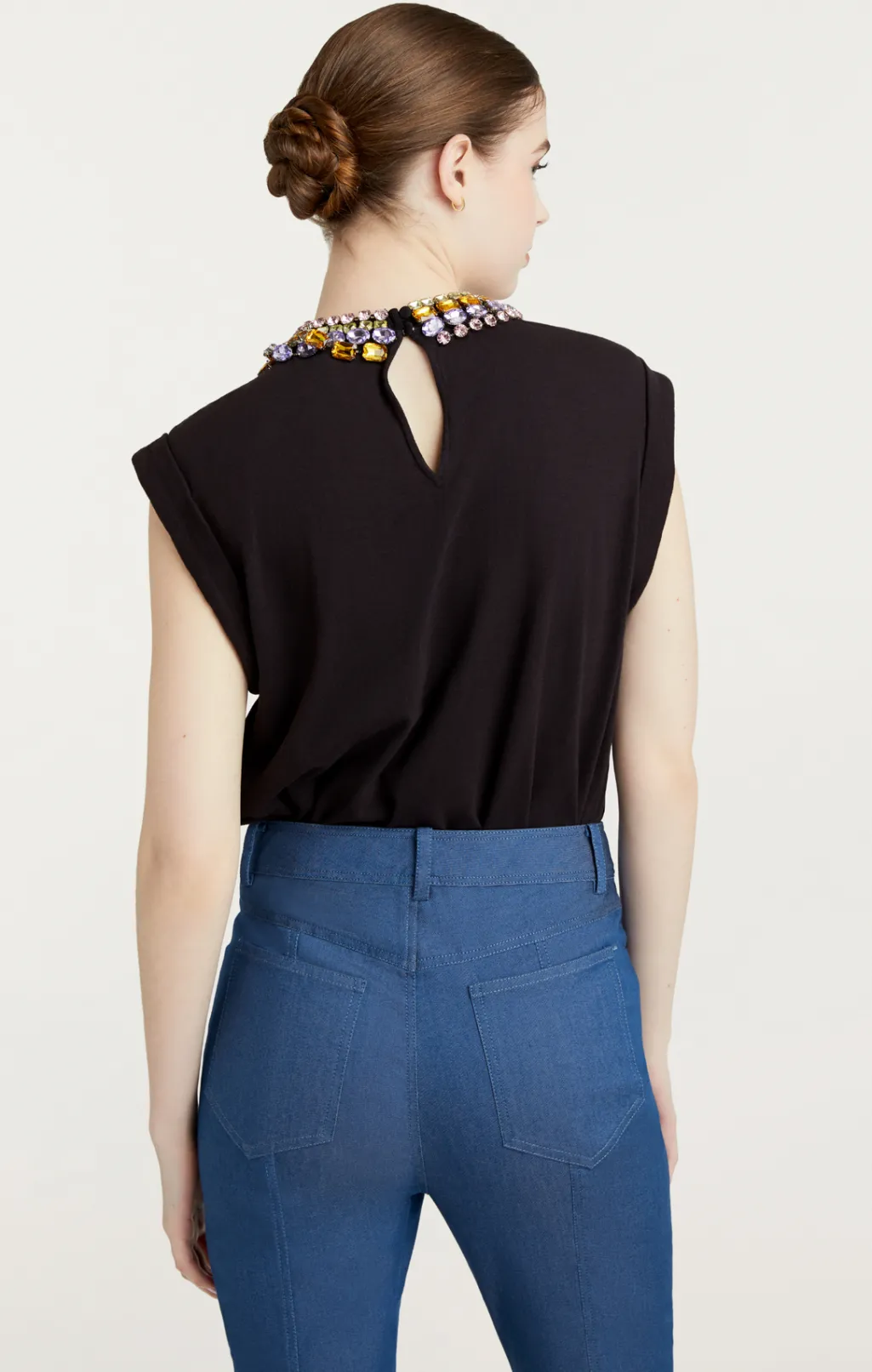 Cinq à Sept Chunky Rhinestone Embellished Tee Black New