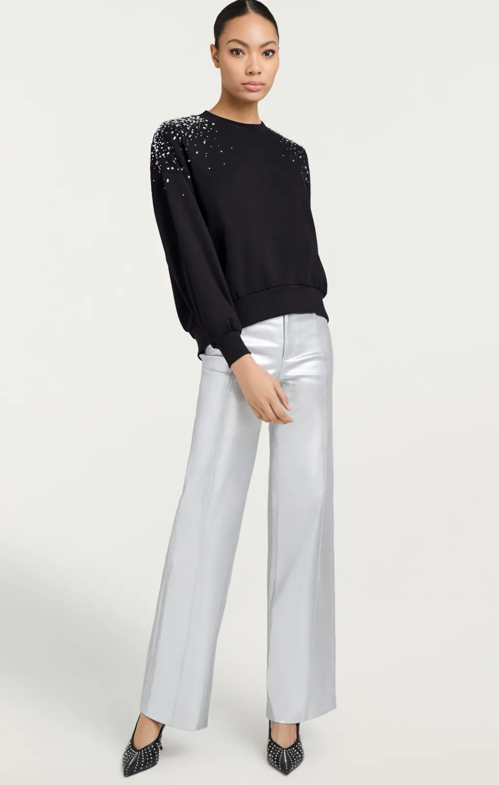 Cinq à Sept Crackle Rhinestone Embellished Brandy Pullover Black