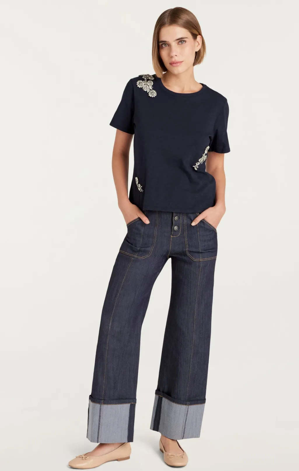 Cinq à Sept Crystal Chrysanthemum Shrunken Tee Navy