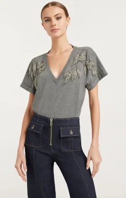 Cinq à Sept Crystal Floral Vneck Bree Tee HeatherGrey Discount