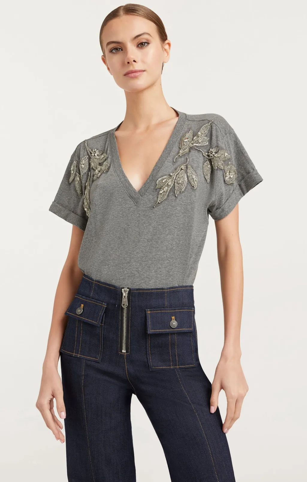 Cinq à Sept Crystal Floral Vneck Bree Tee HeatherGrey Discount