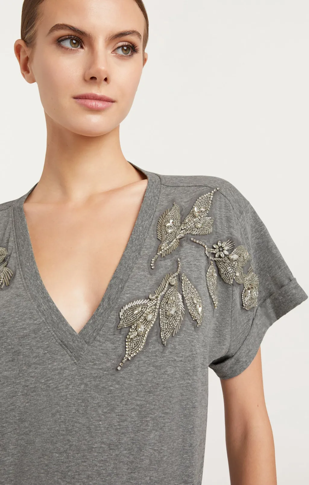 Cinq à Sept Crystal Floral Vneck Bree Tee HeatherGrey Discount