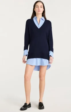 Cinq à Sept Deep V Remie Stripe Santina Dress Navy/FrenchBlue Sale