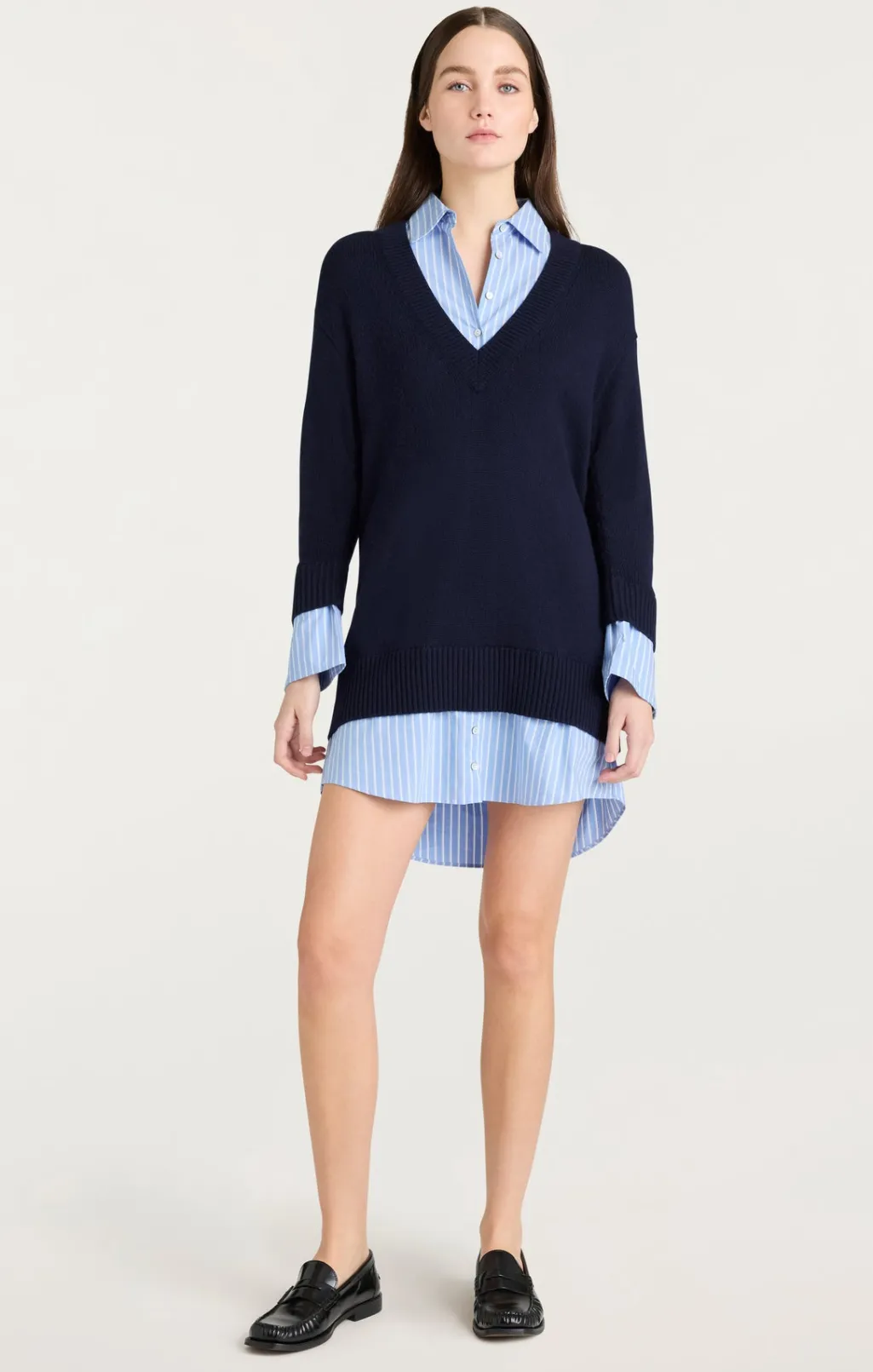 Cinq à Sept Deep V Remie Stripe Santina Dress Navy/FrenchBlue Sale