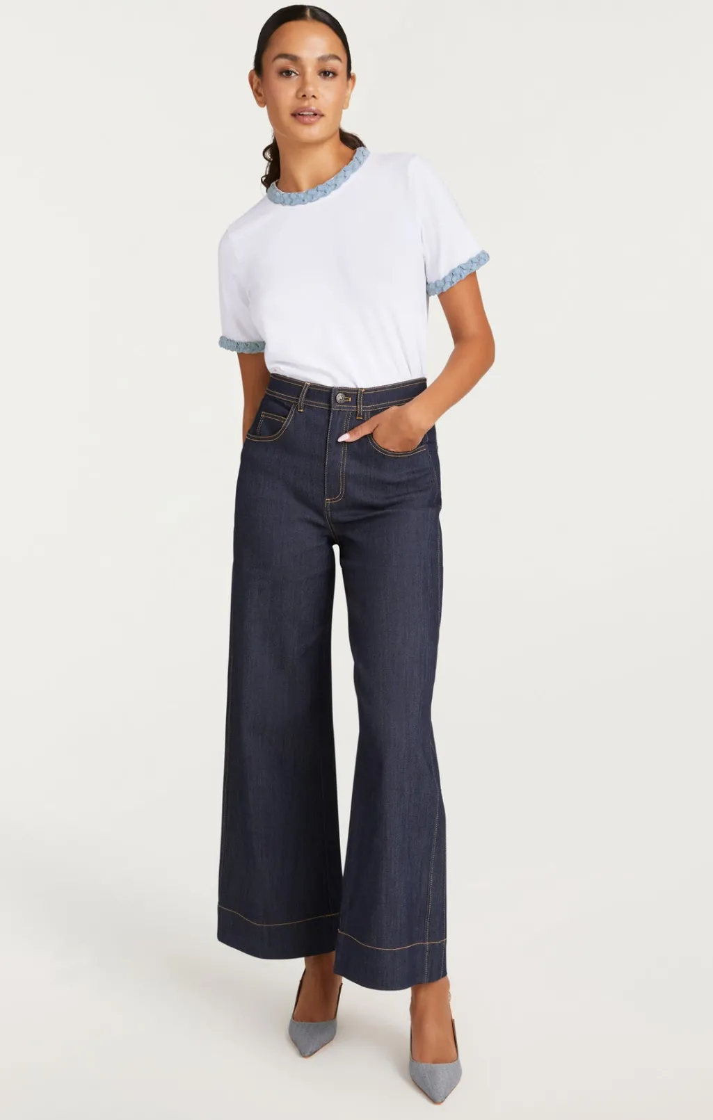 Cinq à Sept Denim Braided Tee White/LightWash Outlet