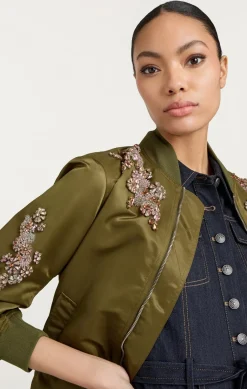 Cinq à Sept Diamond Daisies Embellished Talulla Bomber Olive Clearance