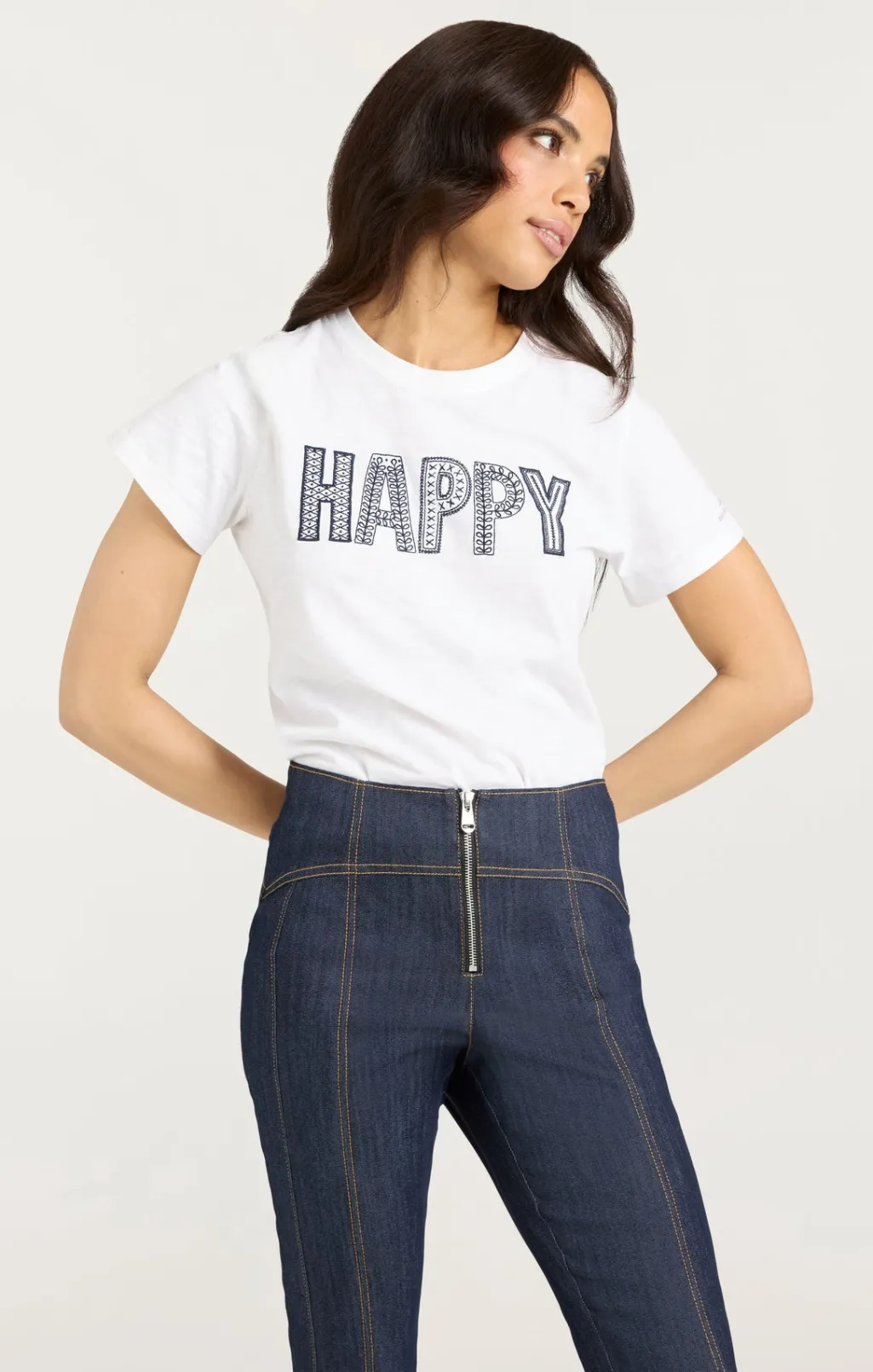 Cinq à Sept Embroidered Happy Tee White/Navy Discount