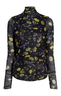 Cinq à Sept Falling Poppies Shirred Mesh Turtleneck BlackMulti Online