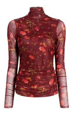 Cinq à Sept Falling Poppies Shirred Mesh Turtleneck RhubarbMulti