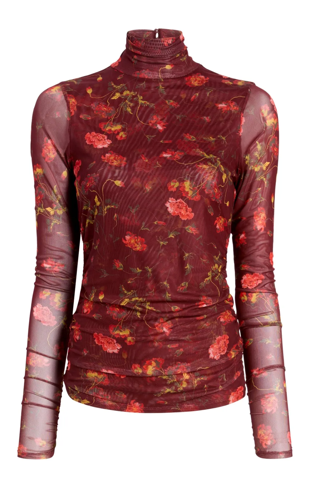 Cinq à Sept Falling Poppies Shirred Mesh Turtleneck RhubarbMulti