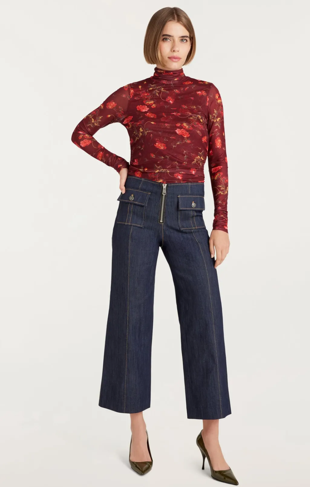 Cinq à Sept Falling Poppies Shirred Mesh Turtleneck RhubarbMulti