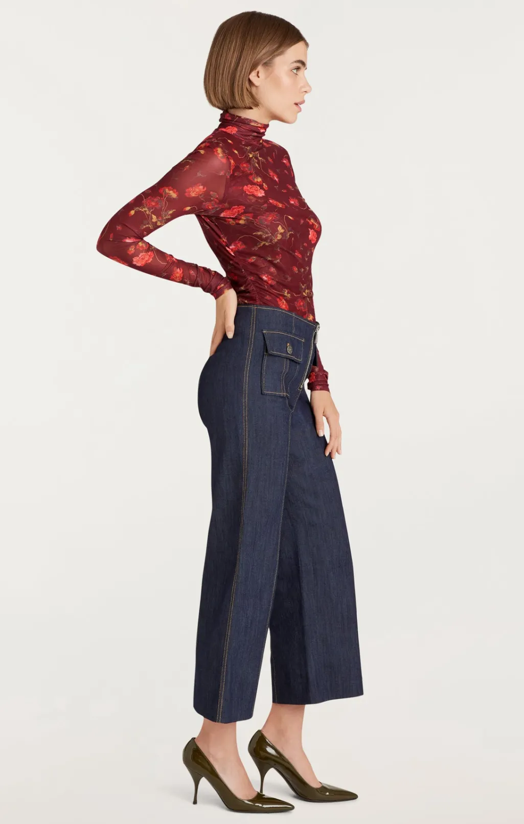 Cinq à Sept Falling Poppies Shirred Mesh Turtleneck RhubarbMulti