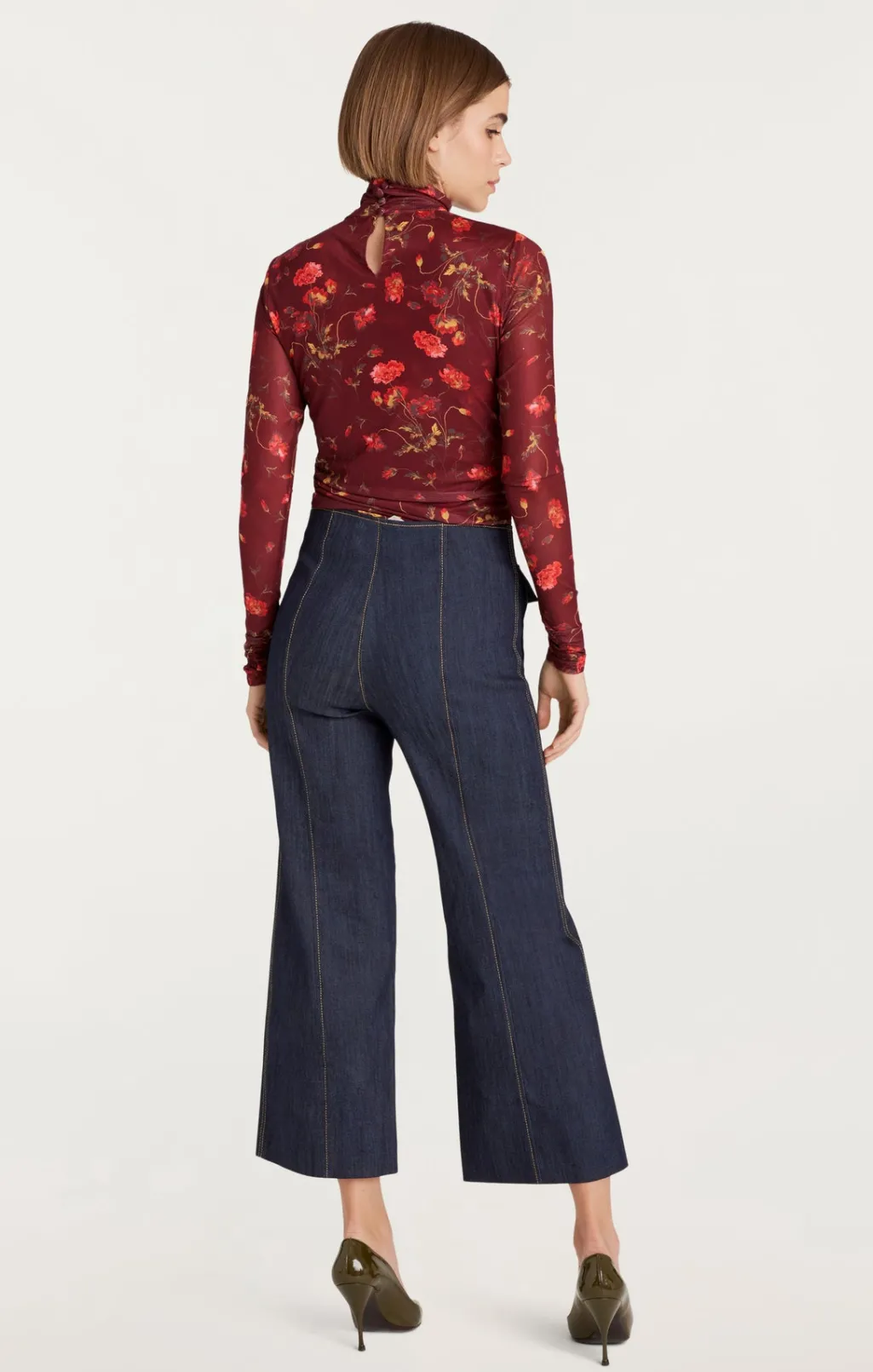 Cinq à Sept Falling Poppies Shirred Mesh Turtleneck RhubarbMulti