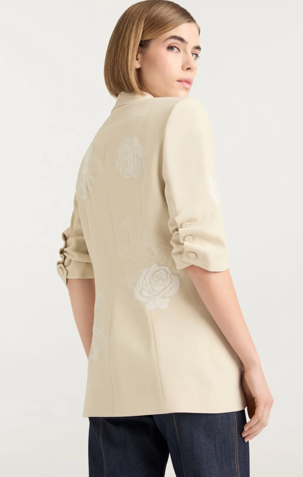Cinq à Sept Floating Roses Embellished Short Sleeve Khloe Blazer Plaster/Ivory