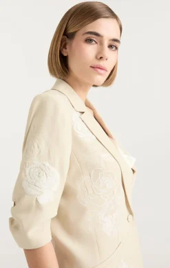 Cinq à Sept Floating Roses Embellished Short Sleeve Khloe Blazer Plaster/Ivory