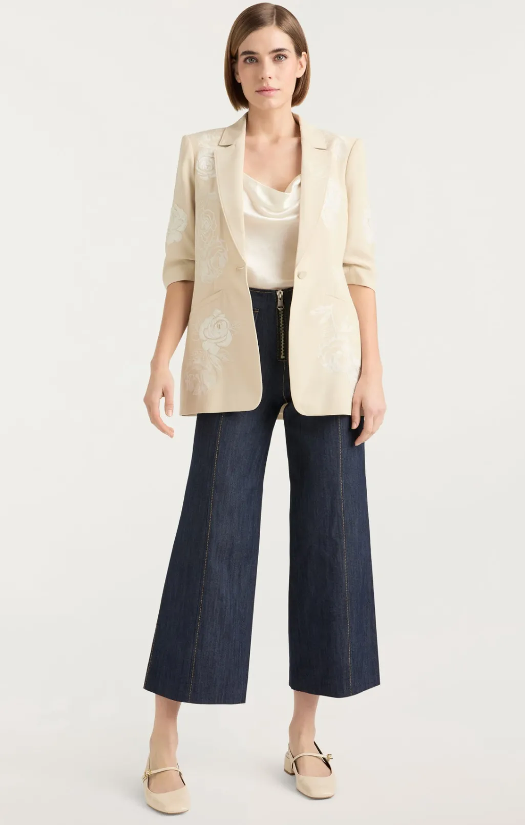 Cinq à Sept Floating Roses Embellished Short Sleeve Khloe Blazer Plaster/Ivory