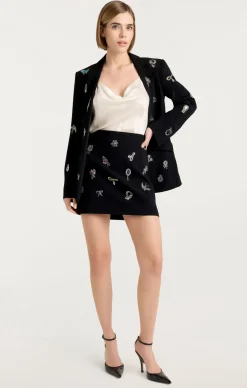 Cinq à Sept Heatset Brooches Embellished Doris Skirt BlackMulti