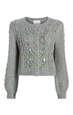 Cinq à Sept Joelle Embellished Cable Cardigan CharcoalLilac/Green Outlet