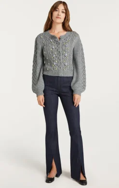 Cinq à Sept Joelle Embellished Cable Cardigan CharcoalLilac/Green Outlet