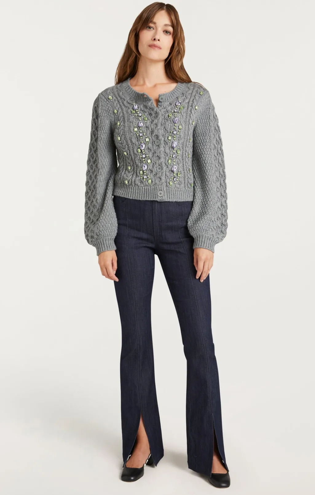Cinq à Sept Joelle Embellished Cable Cardigan CharcoalLilac/Green Outlet