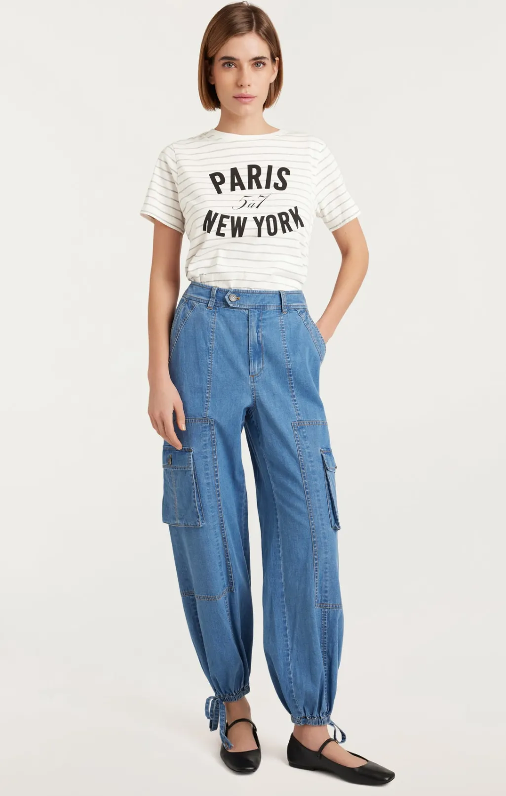 Cinq à Sept Melange Stripe Paris New York Tee Ivory/HeatherGrey New