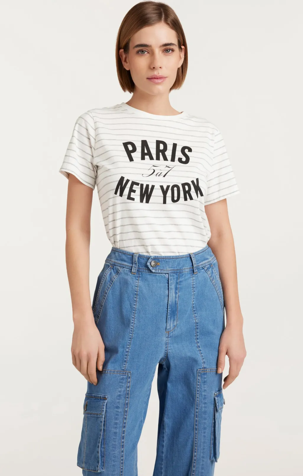 Cinq à Sept Melange Stripe Paris New York Tee Ivory/HeatherGrey New