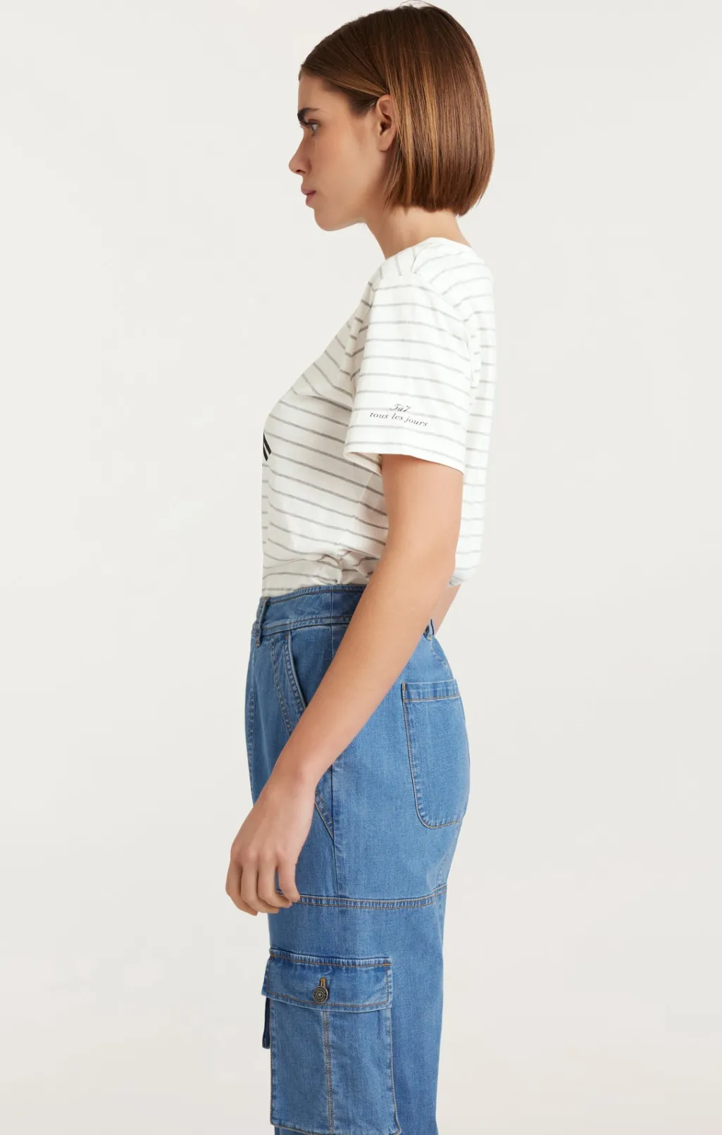 Cinq à Sept Melange Stripe Paris New York Tee Ivory/HeatherGrey New