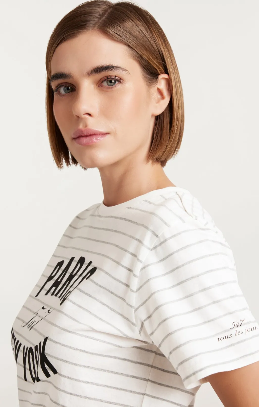 Cinq à Sept Melange Stripe Paris New York Tee Ivory/HeatherGrey New