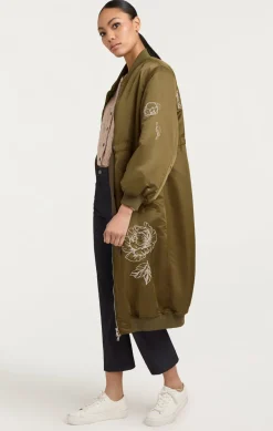 Cinq à Sept Peony Embroidered Long Pauline Coat Olive Clearance