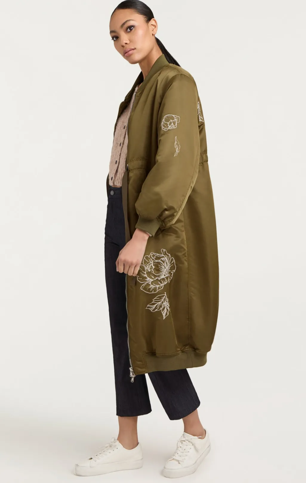 Cinq à Sept Peony Embroidered Long Pauline Coat Olive Clearance