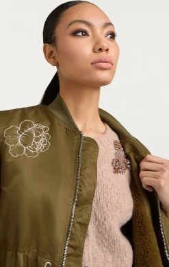 Cinq à Sept Peony Embroidered Long Pauline Coat Olive Clearance