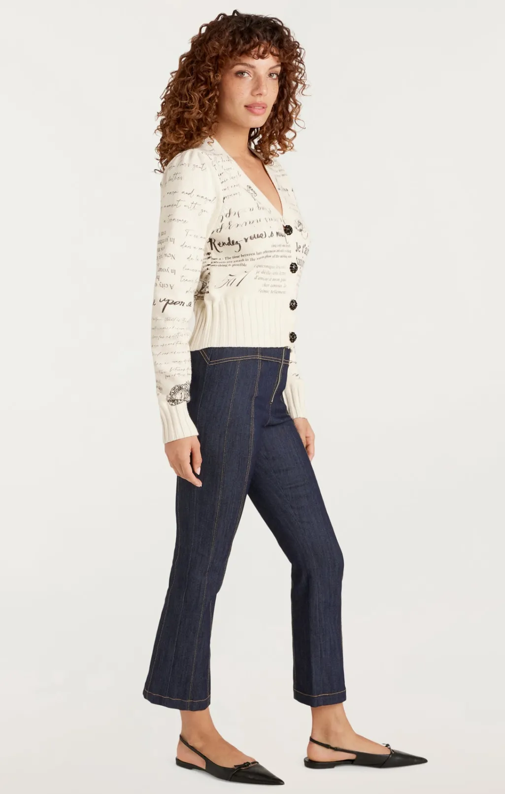 Cinq à Sept Printed Lovenotes Morgan Cardigan Ivory/Black Clearance