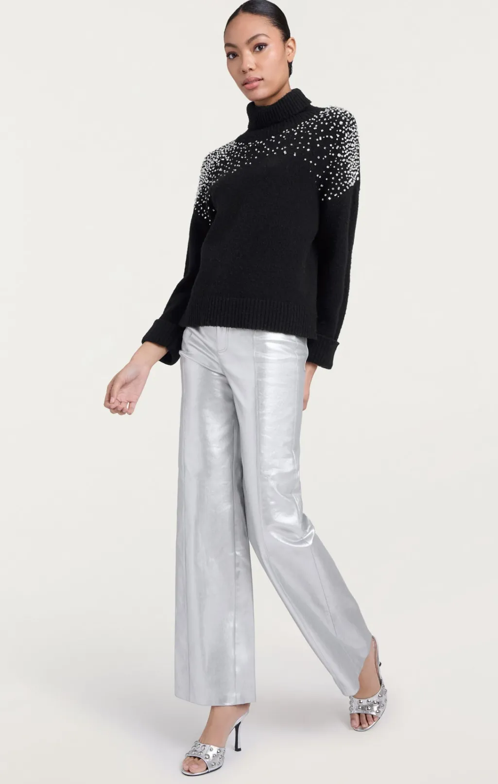 Cinq à Sept Rhinestone Crackle Embellished Alani Turtleneck Black Discount