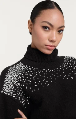 Cinq à Sept Rhinestone Crackle Embellished Alani Turtleneck Black Discount