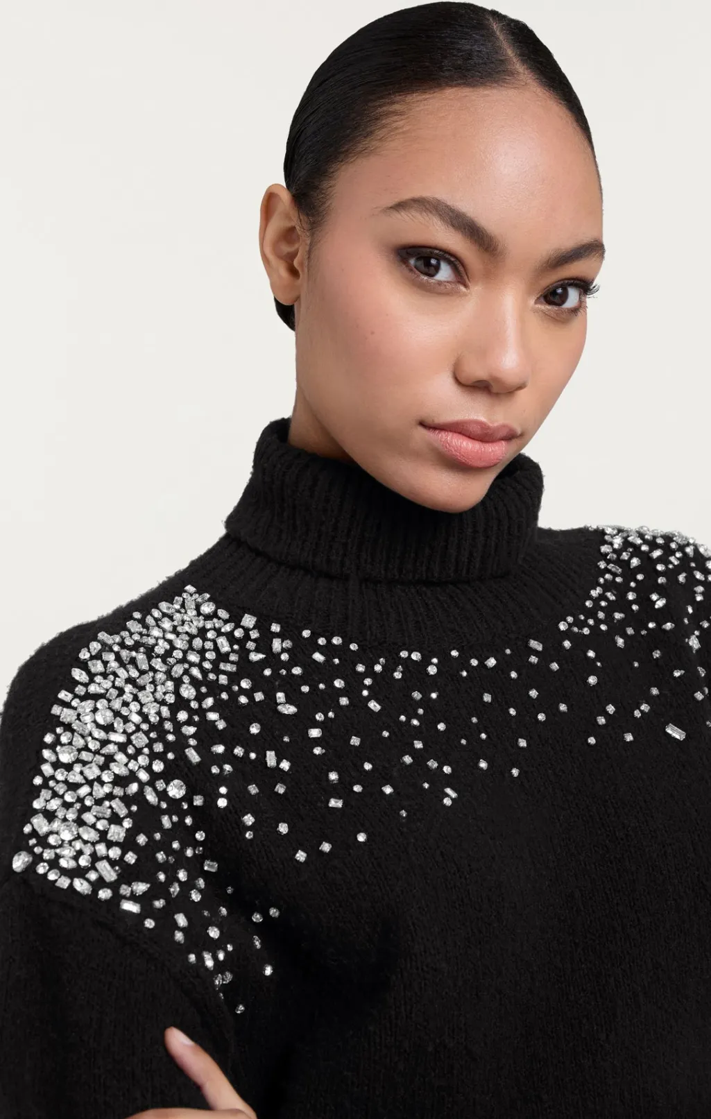 Cinq à Sept Rhinestone Crackle Embellished Alani Turtleneck Black Discount