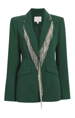 Cinq à Sept Rhinestone Fringe Embellished Cheyenne Blazer DarkEmerald Best