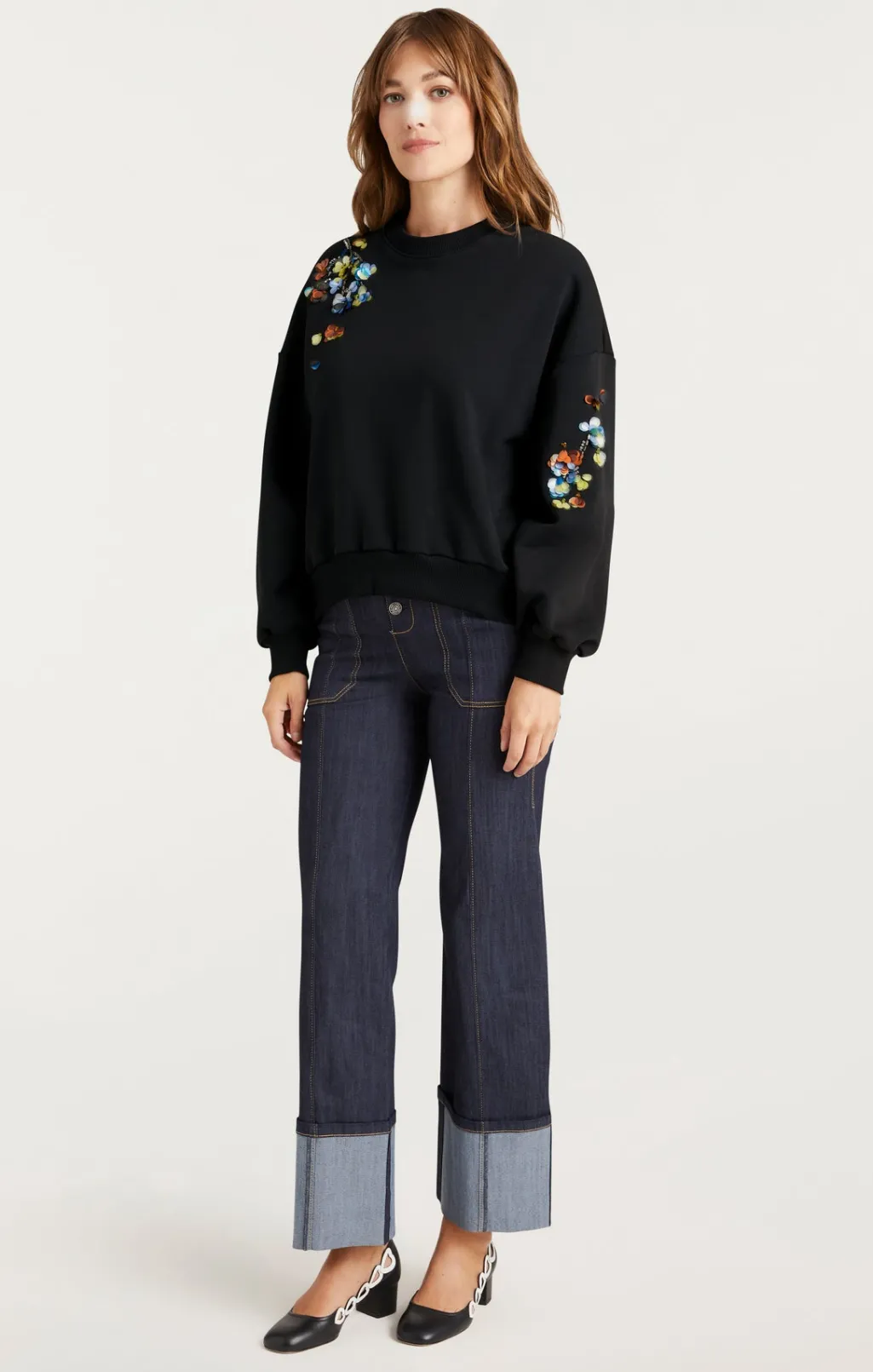 Cinq à Sept Sequin Flower Embellished Brandy Pullover Black/Multi Hot