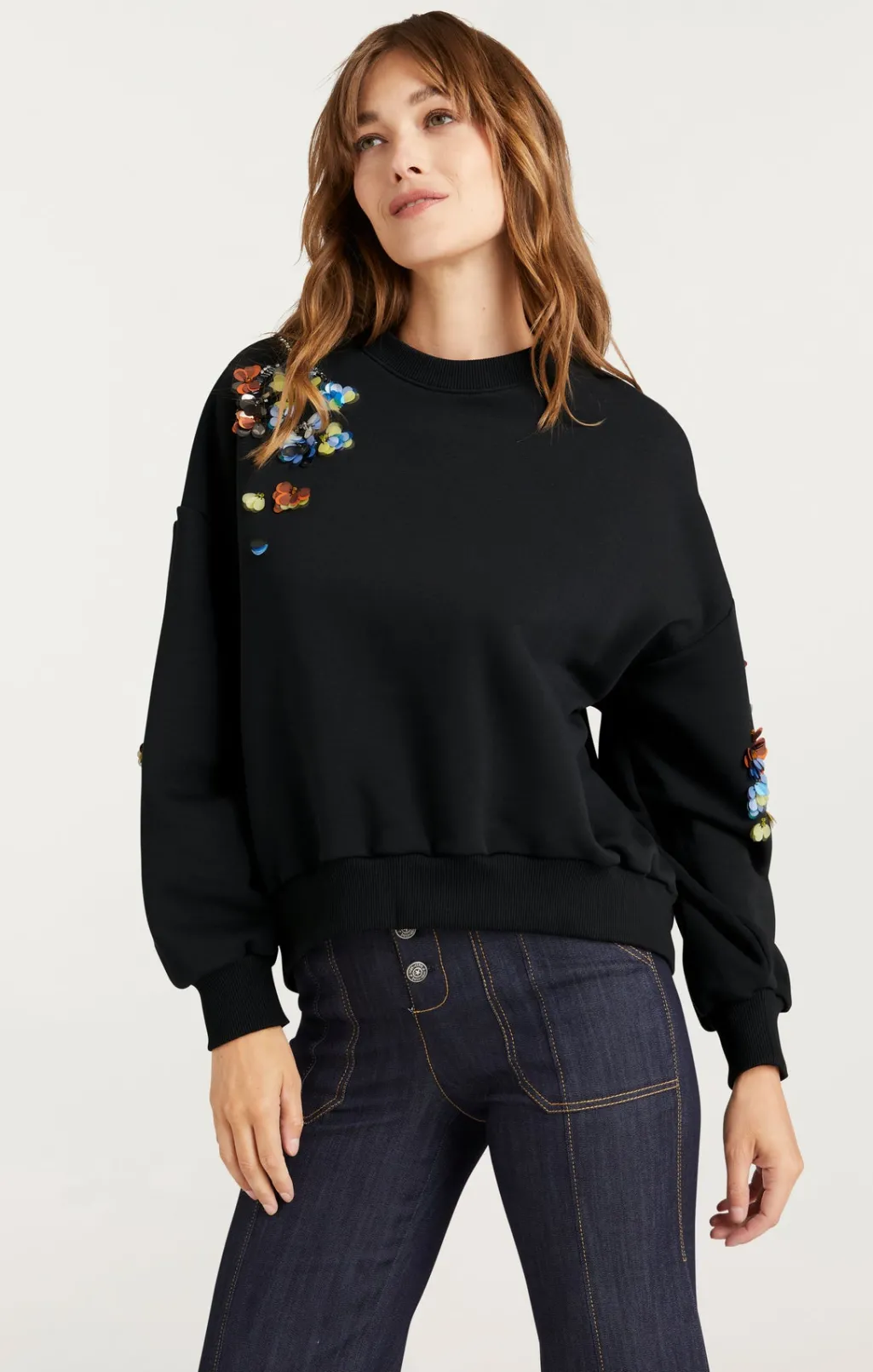 Cinq à Sept Sequin Flower Embellished Brandy Pullover Black/Multi Hot